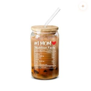 NWT New Eleven #1 Mom Coffee Can Glass Cup - 16oz Bamboo Lid & Glass Straws